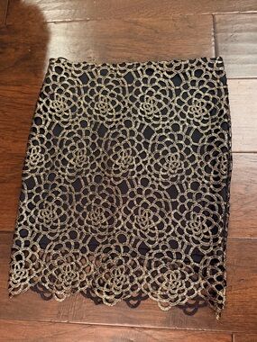 Cals Black Mini Pencil Skirt with Gold Floral Lace Like Overlay